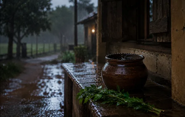 Lluvia sobre hojas tropicales evocando la tradición del agua de mayo