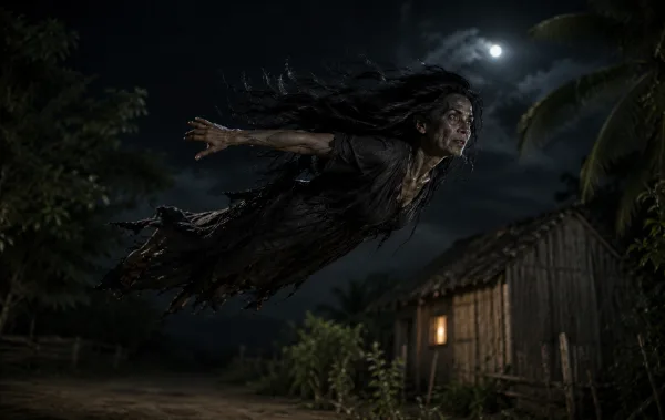 Ilustración de brujas en una noche rural dominicana